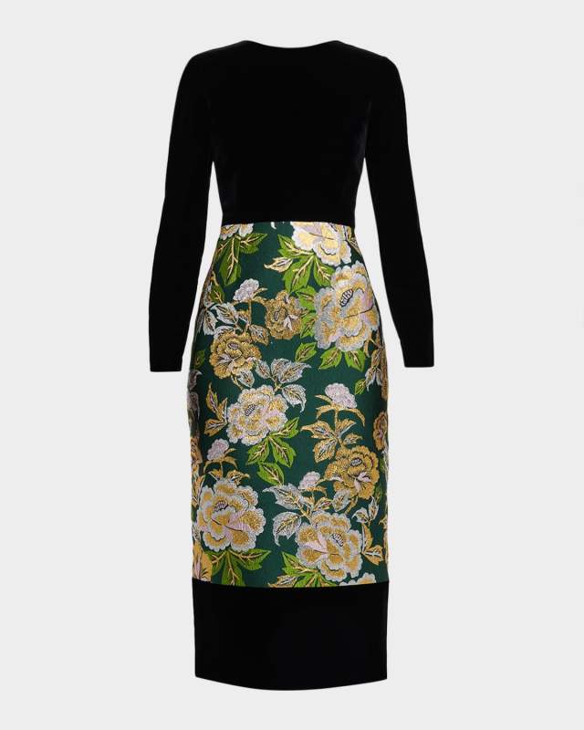 Floral Jacquard Crewneck Midi Dress